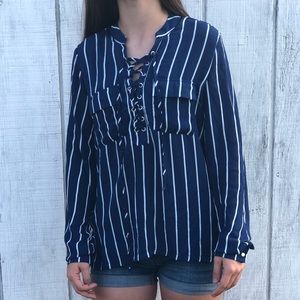 Navy and white lace up long sleeve shirt